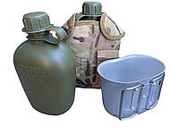 Фляга для воды в чехле с котелком. Военная армейская тактическая 2 в 1. Мультикам