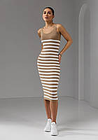 Летнее трикотажное платье миди в полоску цвета кемел. Модель 2454 Trikobakh. Размер 42/44