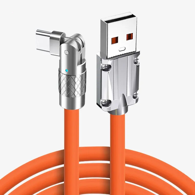 Кабель для быстрой зарядки USB Type-C 120w 6A (150 см) оранжевый, с подсветкой. Поворотный кабель Type-C 180° - фото 1 - id-p1980195053