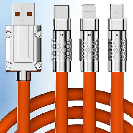 Кабель-трійник для швидкого заряджання Type-C/Lightning(IPhone)/Micro-usb 120w 6A (120 см) помаранчевий, USB 3в1, фото 2