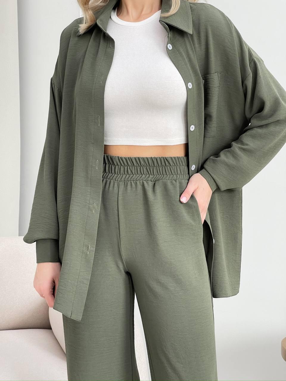 Жіночий Літній Вільний жіночий костюм-двійка Сорочка Штани з Креп Жатки Колір Хакі, фото 1