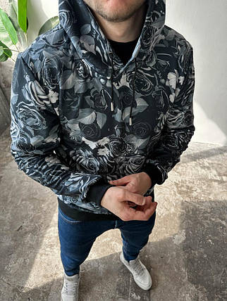 Принтований чорний чоловічий худі з трояндами, фото 3