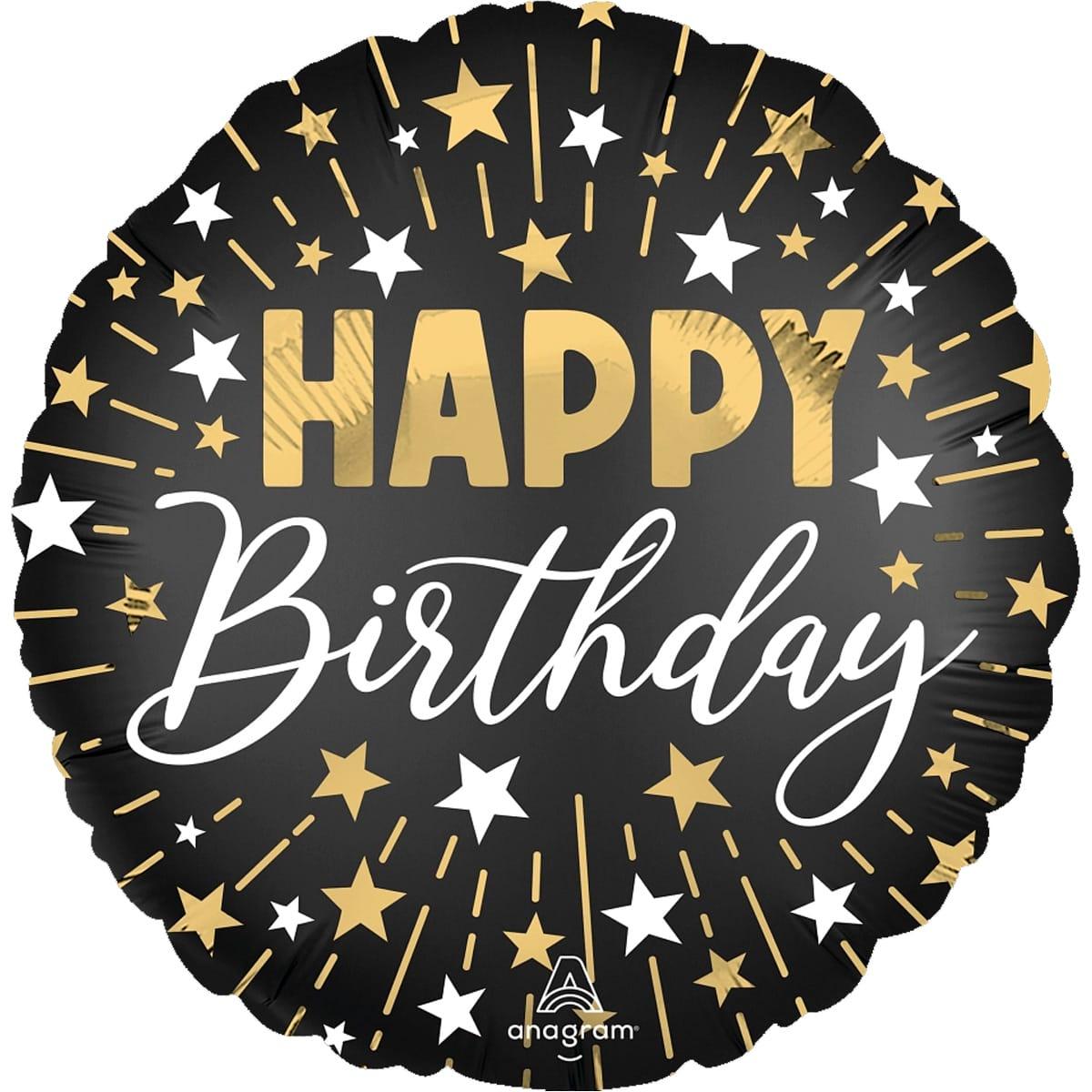 Фольгована кулька круг "Happy Birthday зірочки" чорна Anagram 18"(45см) 1шт.