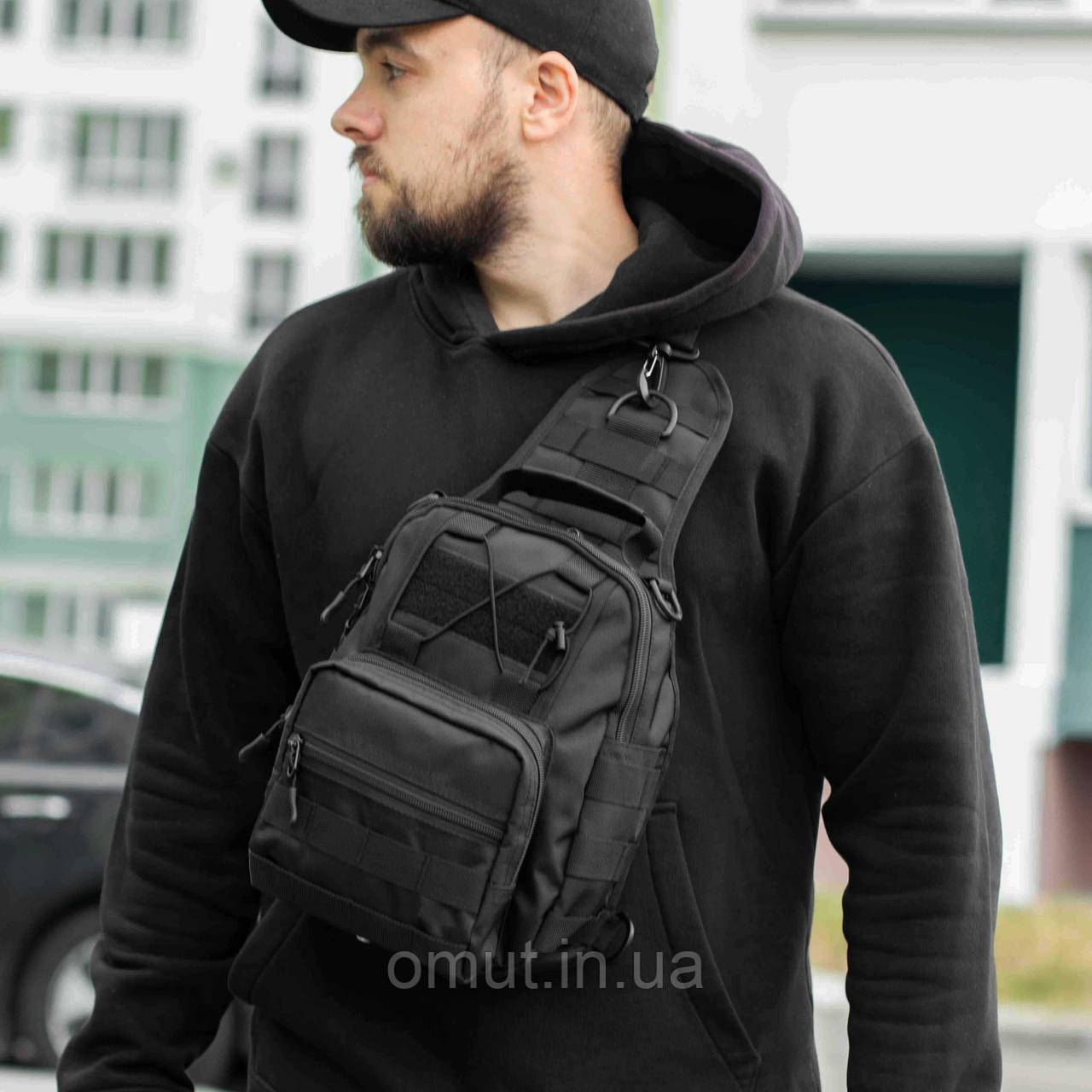 Тактична сумка слінг нагрудна рюкзак однолямковий чорний тканинний через плече військовий, фото 1