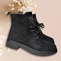 Черные замшевые (ЭКО) Деми ботинки для девочки 32(20)34(21)37(23)запас 0,5-1 см