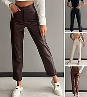 Жіночі шкіряні штани з високою талією гарні укорочені прямі, коричневі, чорні, білі, моко