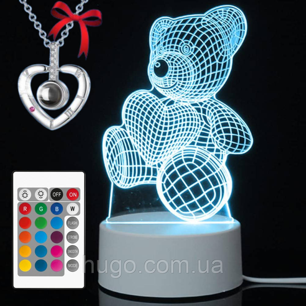 3D нічник Ведмедик "Люблю тебе" від USB + Подарунок Кулон "I Love you" / Настільна лампа-нічник