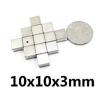 Magnet-10X10X3 Магніт неодимовий, Напр. магн. поля: Аксиальне, прямокутне, розміри: 10х10х3 (+/-0,5) мм.