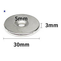 Magnet-30X3-5 Магнит неодимовый, шайба с отверстием, диаметр 30 мм. Высота: 3 мм (+/- 0,3). Диаметр отверстия: