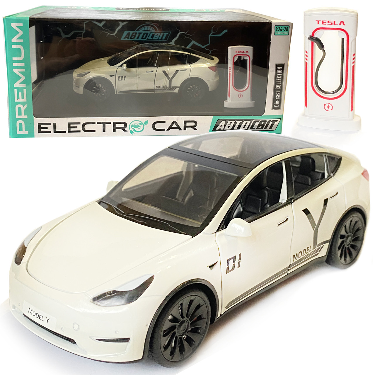 Машинка металева Tesla Model Y Electrocar Тесла Модель Y Електрокар біла 1:24 зарядна станція звук світло відч двері капот, фото 1