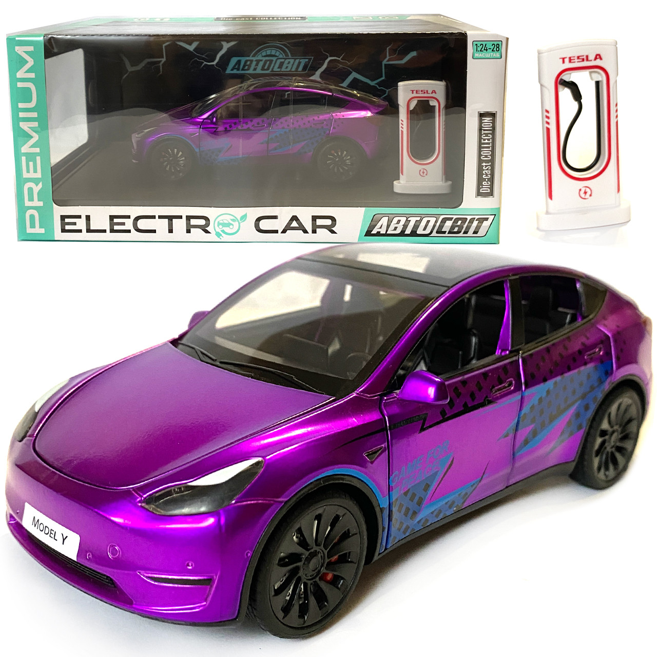 Машинка металева Tesla Model Y Electrocar Тесла Модель Y Електрокар фіолетова 1:24 зарядна станція звук світло відч двері капот, фото 1