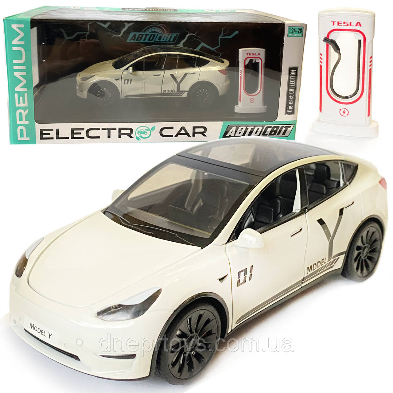 Машинка металева Tesla Model Y Electrocar Тесла Модель Y Електрокар біла 1:24 зарядна станція звук світло відч двері капот