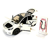 Машинка металева Tesla Model Y Electrocar Тесла Модель Y Електрокар біла 1:24 зарядна станція звук світло відч двері капот, фото 4