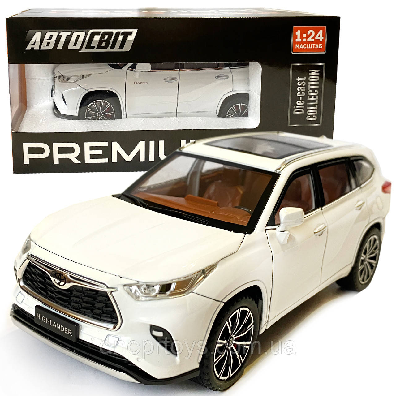 Машинка металева Toyota Highlander Hybrid Тойота Хайлендер Гібрид 1:24 джип білий звук світло відч двері капот багажник гум колеса, фото 1