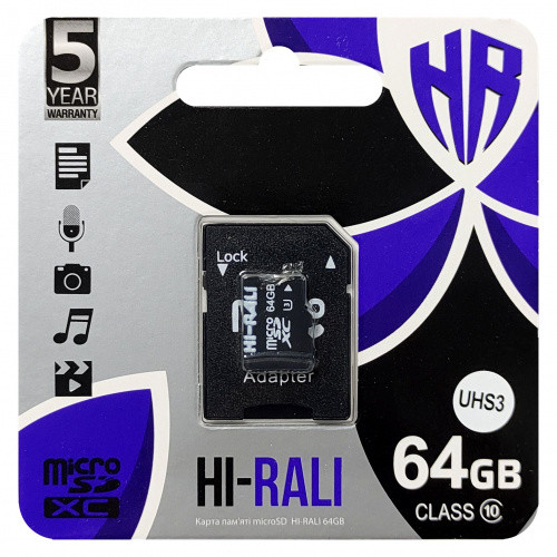 Карта Пам'яті Hi-Rali MicroSDXC 64gb UHS-3 10 Class + Adapter (Чорний)