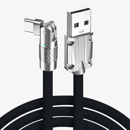 Кабель для швидкого заряджання USB Type-C 120w 6A (150 см) чорний, з підсвічуванням. Поворотний кабель Type-C 180 °, фото 1