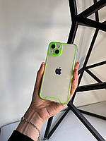 Прозрачный силиконовый чехол для Iphone 13 с ободком который cветится в темноте ( зелёный )