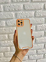 Прозрачный силиконовый чехол для Iphone 14 Pro с ободком который cветится в темноте ( оранжевый )