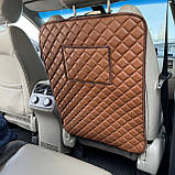 Захисна накидка на сидіння авто від ніг дитини з перфорованої Еко-шкіри Коричнева з коричневим рядком З карманом під планшет, фото 2