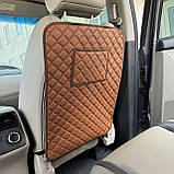 Захисна накидка на сидіння авто від ніг дитини з перфорованої Еко-шкіри Коричнева з коричневим рядком З карманом під планшет, фото 3