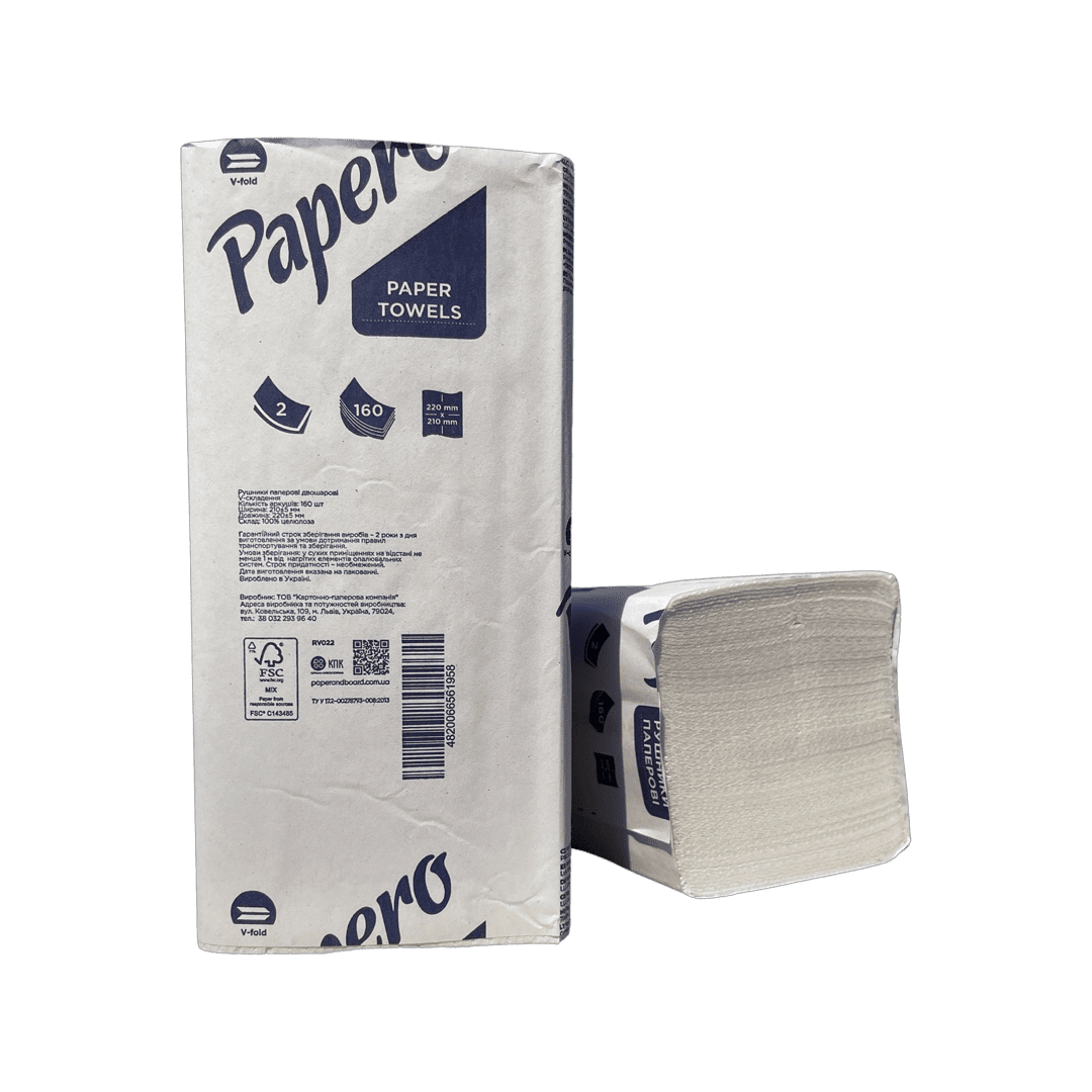 Паперовий рушник листове біле,(22,5*11) V-складання 160л, двошарова 100% целюлоза P100