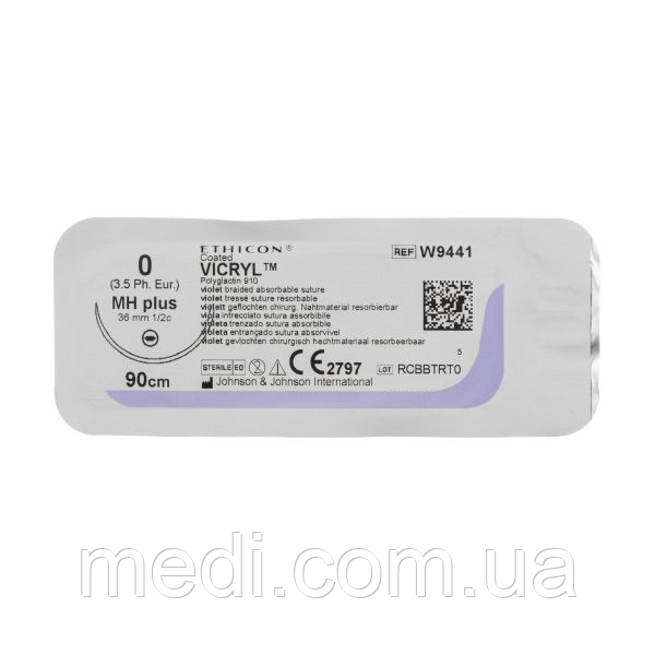 Вікрил 0 колюча модифікована Taper Point 36 мм, 1/2 кола, фіолетовий 90см, Vicryl Ethicon W9441, фото 1