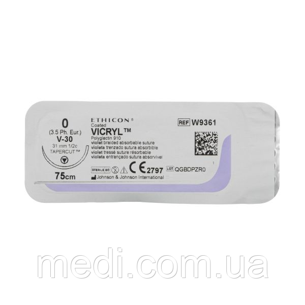 Вікрил 0 колюче-ріжуча Tapercut 31 мм, 1/2 кола, фіолетовий 75 см, Vicryl Ethicon W9361, фото 1