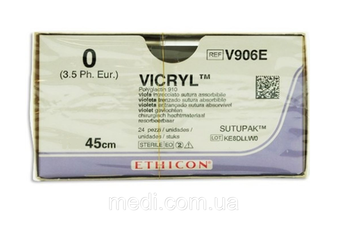 Вікрил 0, 12 відрізків по 45 см, фіолетовий, Vicryl Ethicon V906E, фото 1