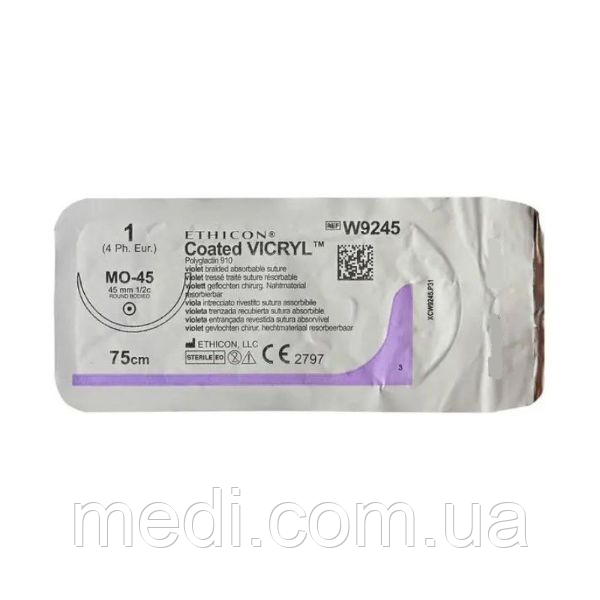 Вікрил 1 колюча масивна Taper Point 45 мм, 1/2 кола, фіолетовий 75см, Vicryl Ethicon W9245, фото 1