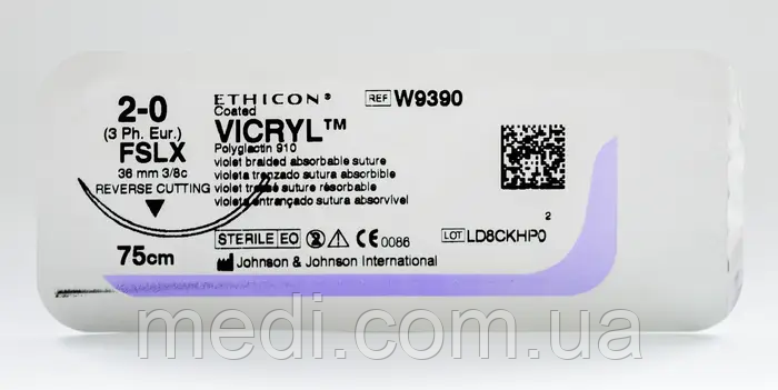 Вікрил 2-0 зворотньо-ріжуча 36мм, 3/8 кола, фіолетовий 75см, Vicryl Ethicon W9390, фото 1