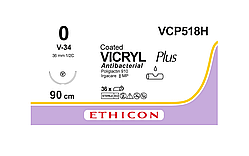 Вікрил Плюс Антибактеріальний 0, колюча-ріжуча 36мм, 1/2 кола, фіолетовий, 90см, Vicryl Ethicon VCP518H