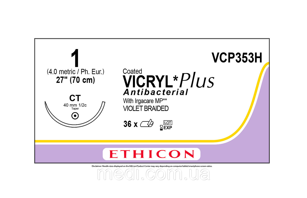 Вікрил Плюс Антибактеріальний 1, кол.таперпоінт 40мм, 1/2 кола, фіолет, 70см, Vicryl Ethicon VCP353H, фото 1