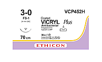 Вікрил Плюс Антибактеріальний 3-0, звор.-ріж. 24мм, 3/8 кола, фіолетовий,70см, Vicryl Ethicon VCP452H