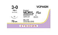 Вікрил Плюс Антибактеріальний 3-0, зворотньо-ріж. 24мм, 3/8 кола, незабарвлений, 70см, Vicryl Ethicon VCP442H