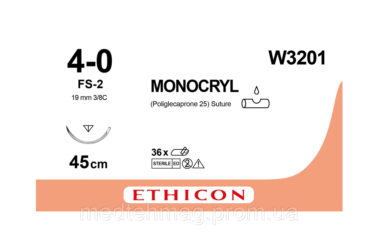 Монокріл 4-0 зворотньо-ріжуча 19 мм, 3/8кола, незабарвлений 45см, Ethicon W3201