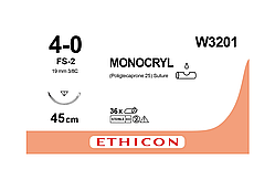 Монокріл 4-0 зворотньо-ріжуча 19 мм, 3/8кола, незабарвлений 45см, Ethicon W3201