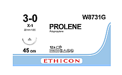 Пролен 3-0, звор.-ріжуча 22мм, 1/2кола, блакитний 45см, Prolene ETHICON W8731G