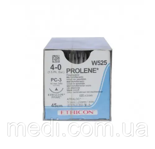 Пролен 4-0 ( 8634G ) ріжуча 3/8 кола 16 мм, синій 45cm, Prolene ETHICON W525, фото 1