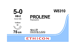 Пролен 5-0 дві колючі Taper Point 2*13мм, VB, 1/2 кола, блакитний 75см, Prolene ETHICON W8310