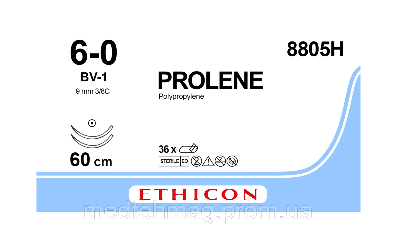 Пролен 6-0 (W8712) колюча Taper Point 2*9,3мм, 3/8 кола, блакитний 60см, Prolene ETHICON 8805H