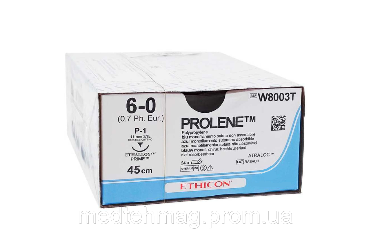 Пролен 6-0 П звор.- ріж. 11мм, 45 см синій, Prolene ETHICON W8003T