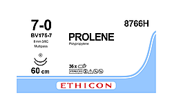 Пролен 7-0, дві колючі Taper Point голки 8 мм, 3/8 кола, довжина 60 см, Prolene ETHICON 8766H