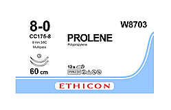 Пролен 8-0 колюча CC голка 2*9.3мм, 3/8 кола, блакитний 60см, Prolene ETHICON W8703