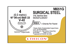Сталь хірургічна 4 колючо-ріжуча 48mm, 1/2кола,  4*45 cm, Ethicon (Surgical Steel) M651G