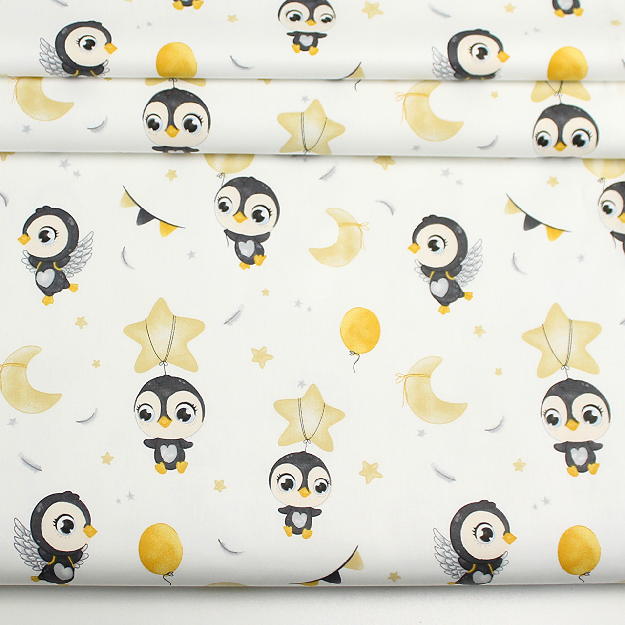 Ранфорс шириною 240 см "Пінгвіни в крилах та жовтими кульками" на білому тлі № 3234, фото 1