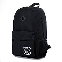 Мужской вместительный средний городской рюкзак черного цвета из ткани с рисунком вышивкой на кармане 300-66б