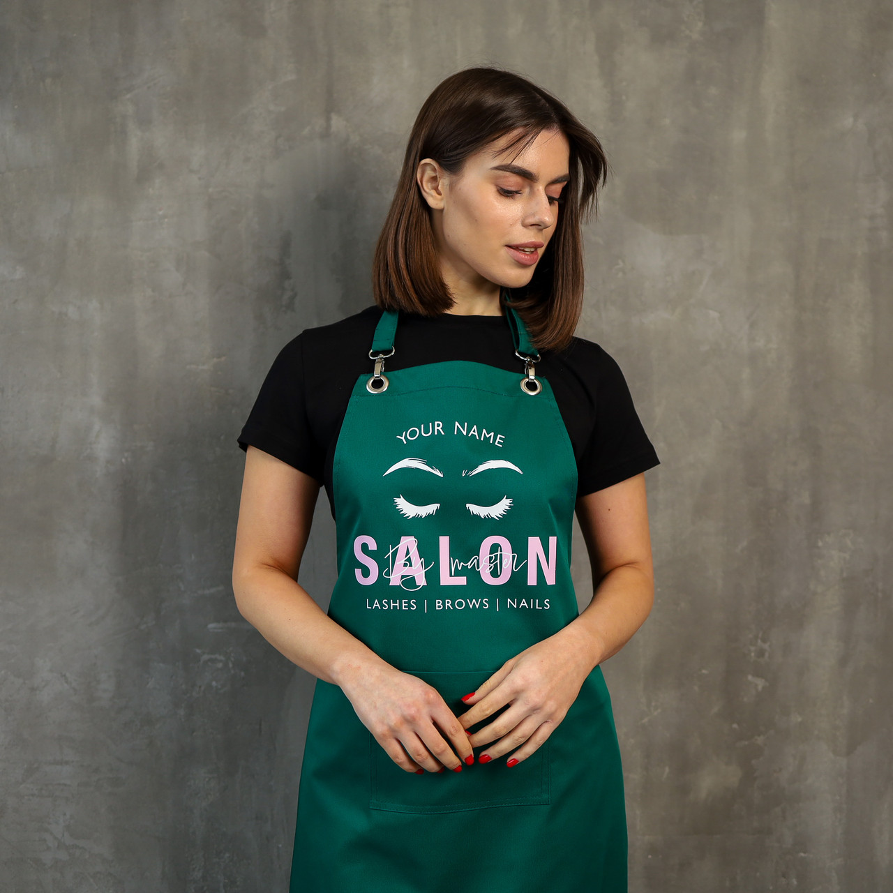 Фартух темно-зелений на карабінах ''малюнок вії+брови SALON by master lashes|brows|nails''-10