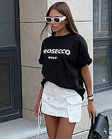 Черная, розовая, белая женская футболка с модной надписью PROSECCO MOOD в стиле оверсайз