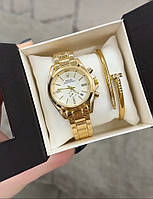 Жіночий стильний золотистий годинник на руку на металевому ремінці Ролекс