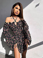 Короткое цветочное платье с воланами на юбке и чокером (р. S, M) 66035605Е Черный, S